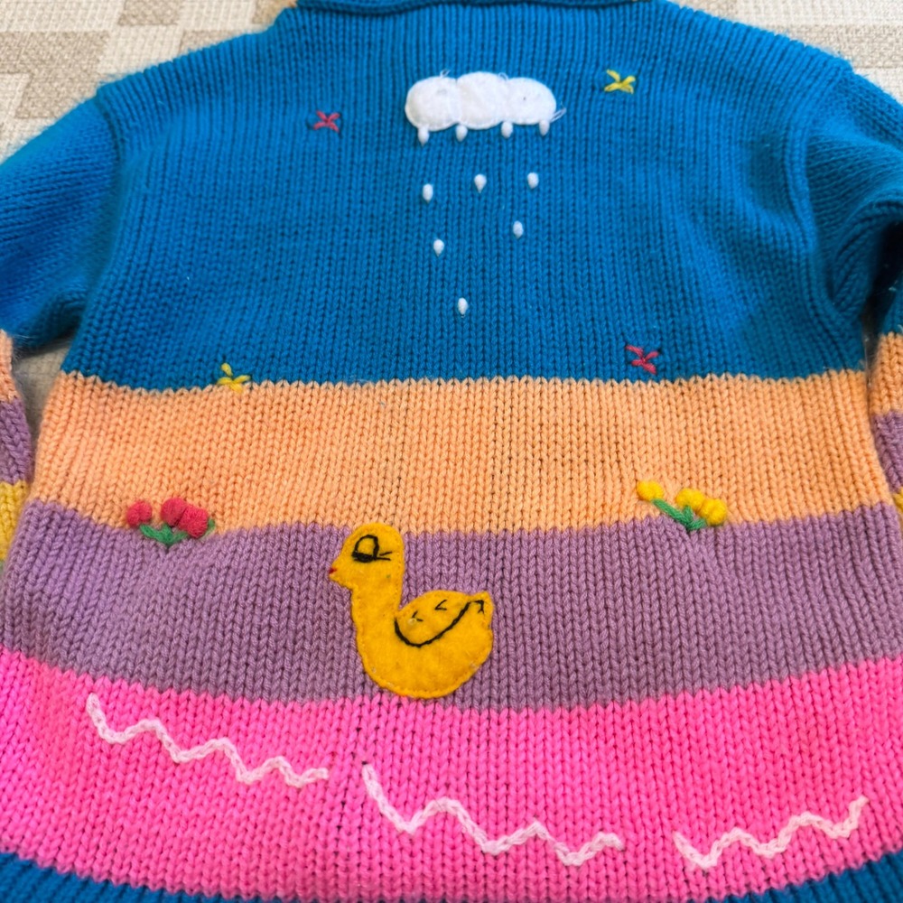 Vintage Kids Handmade Chunky Knit Hooded Sweater Animal Applique Zip Up 3T 13x16 - Picture 2 of 8